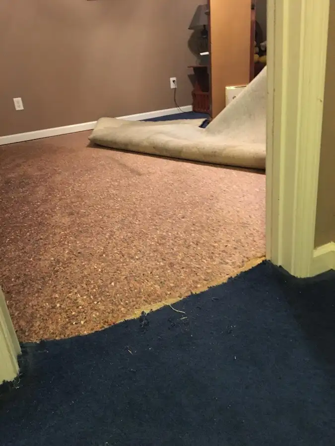 Carpet pad removal revealing water damage during Water Mitigation Services in Ridgewood village